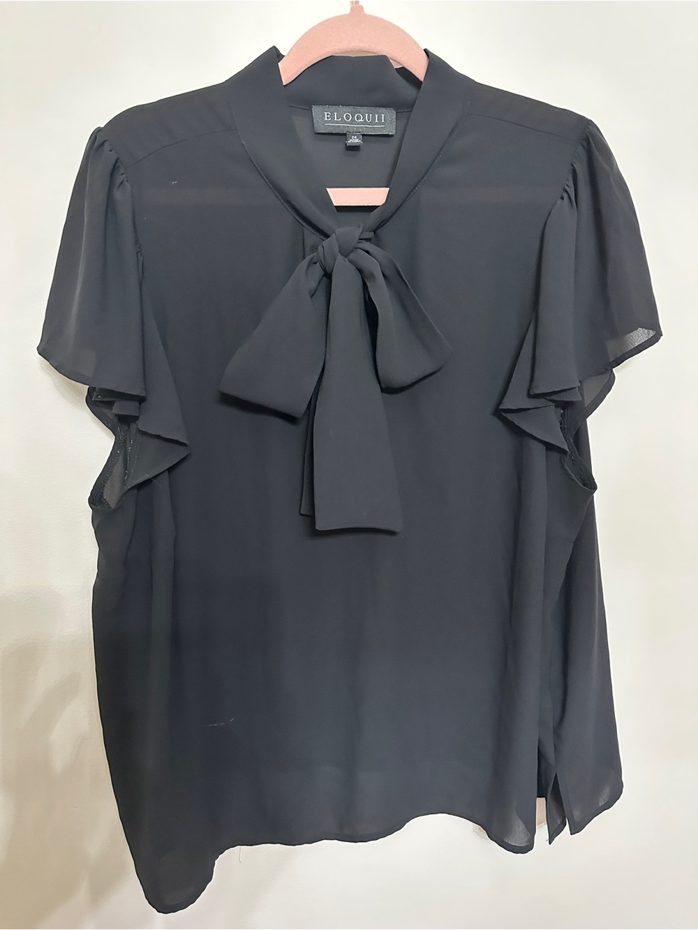 Eloquii Black Tie-Neck Flutter-Sleeve Blouse